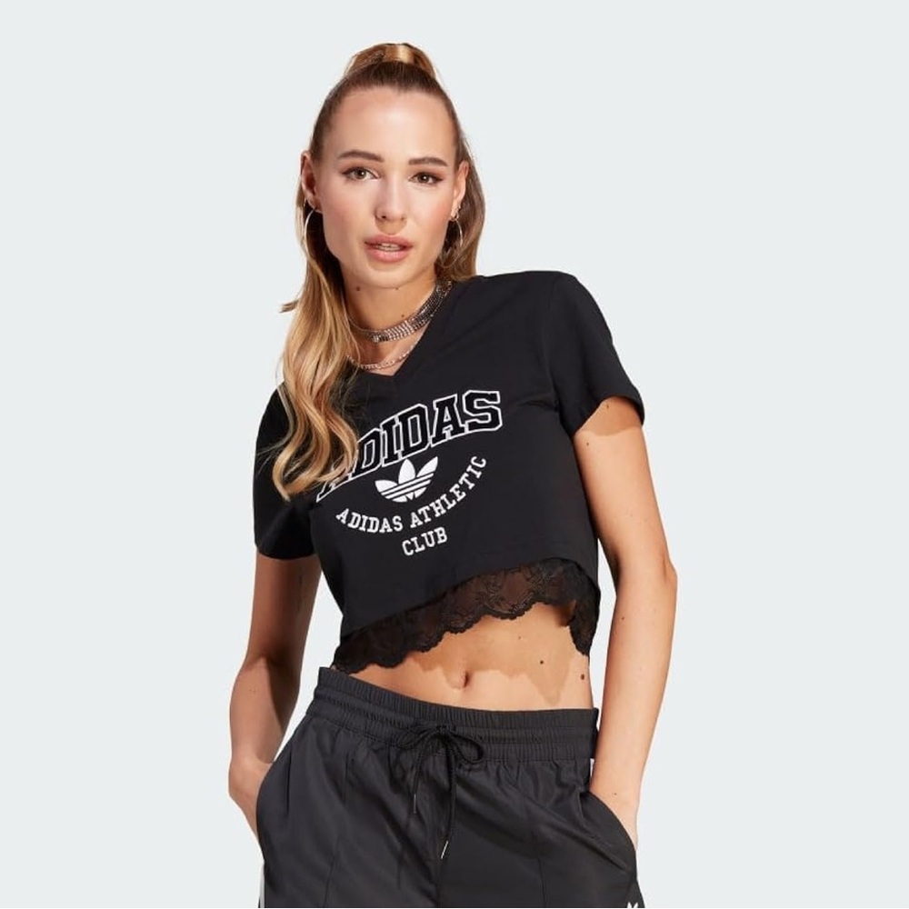adidas Originals Size Medium Cropped Lace Trim T-Shirt Black White Crop V-Neck - Picture 4 of 8